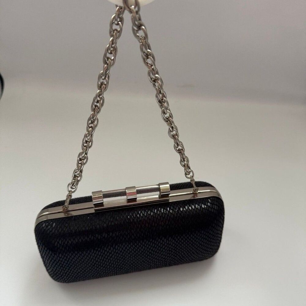 White House Black Market Black Snakeskin Print Box Clutch Purse Chain Strap